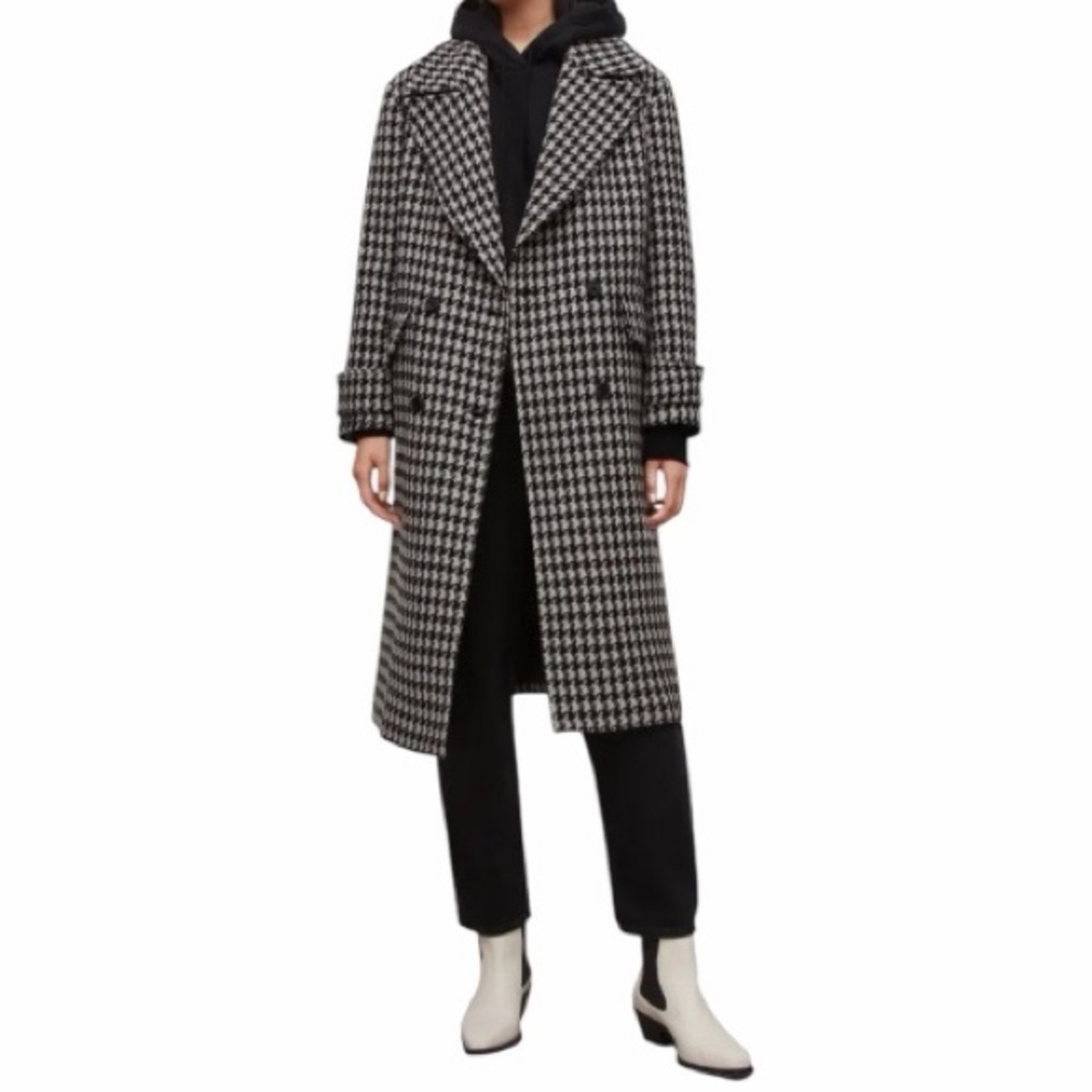 All Saints Monike Houndstooth Double Breasted Wool Blend Coat in Blk & Wht Sz 12